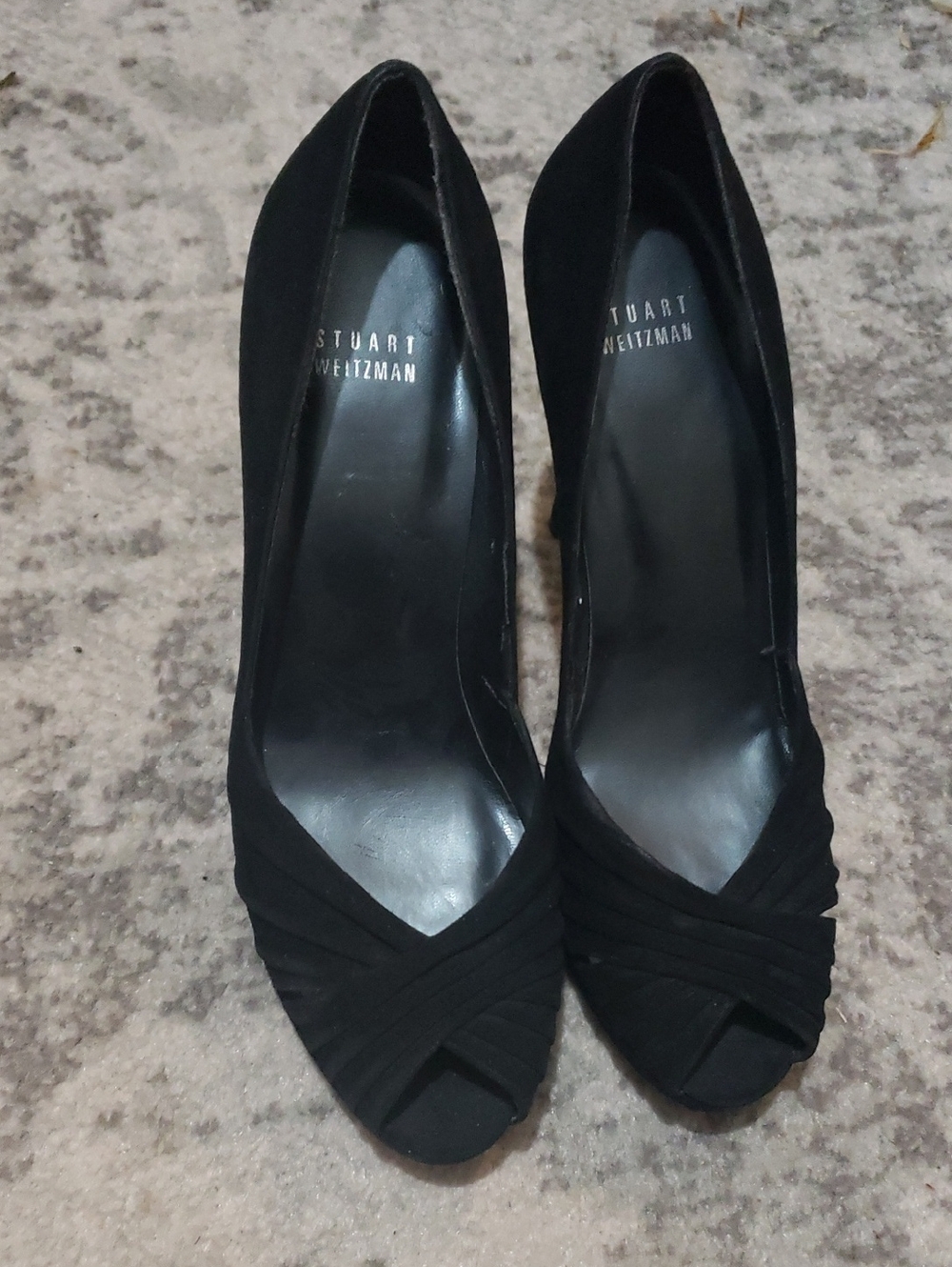 Stuart Weitzman Black Suede Peep-Toe Pumps with Twisted Draping